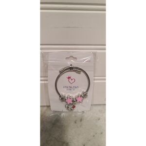 Stainless Steel Silver Kids Hello Kitty Bracelet W/Pink Clovers